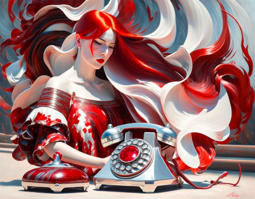 Digital artwork of woman with red hair and attire, holding stylish red telephone with jewel, against swirling backdrop