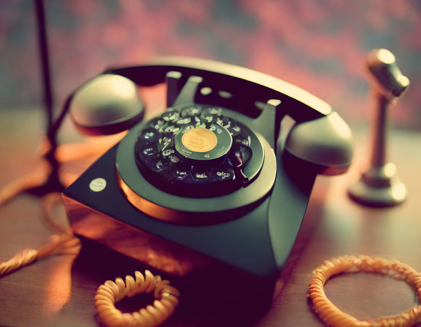 Classic rotary dial telephone on wooden surface with soft lighting