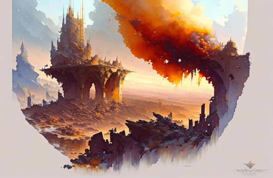 Fantasy landscape with crumbling cliff castle and fiery sky