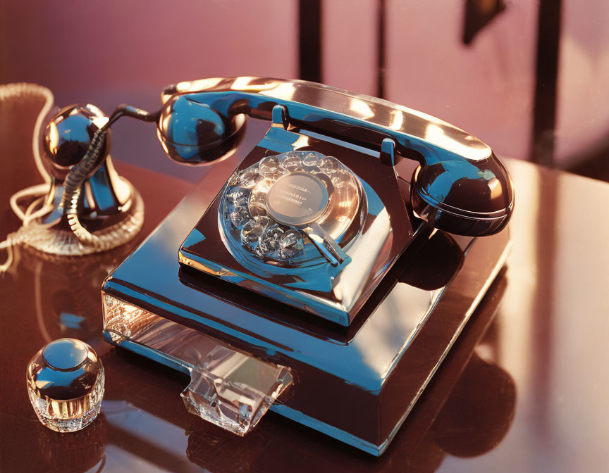 Vintage Rotary Phone with Glossy Metallic Finish and Intricate Dial Design