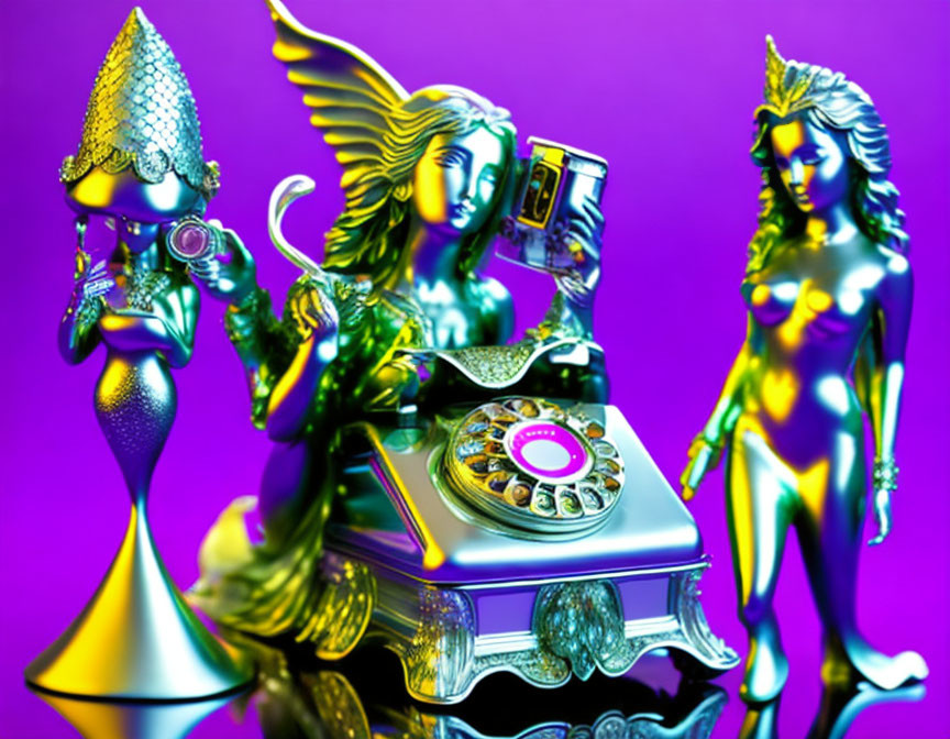 Metallic Fantasy Figures with Old-Fashioned Telephone in Purple and Yellow Hues