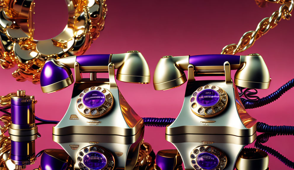 Vintage gold and purple telephones on pink surface with golden chains