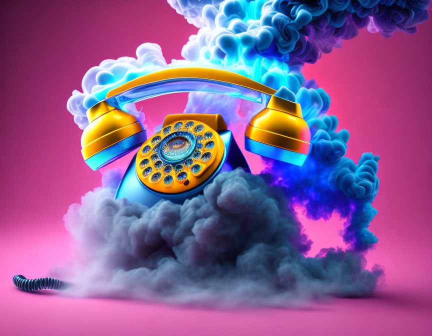 Vintage Orange Rotary Phone Floating in Surreal Cloudscape
