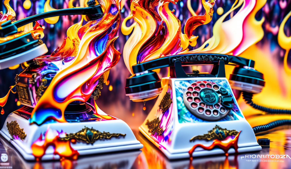 Colorful artistic flames surround vintage rotary phones on reflective surface