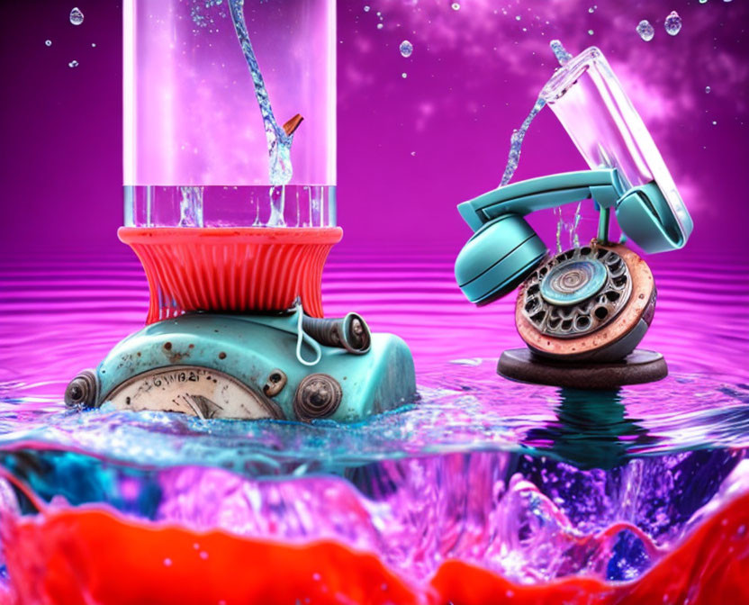 Vintage telephones and lightbulb in swirling water on purple background.