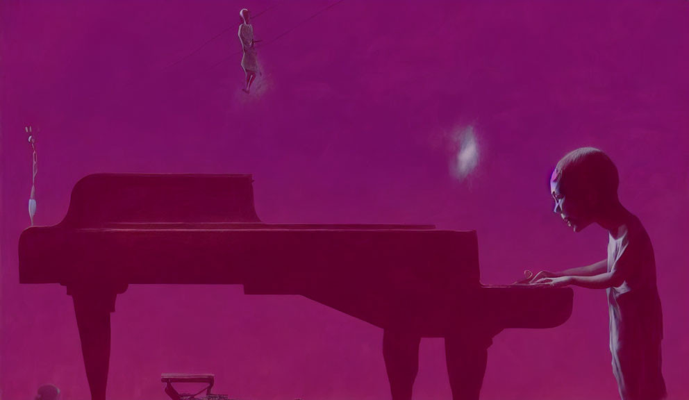Surreal purple-toned image: Figure on wire above oversized baby playing piano