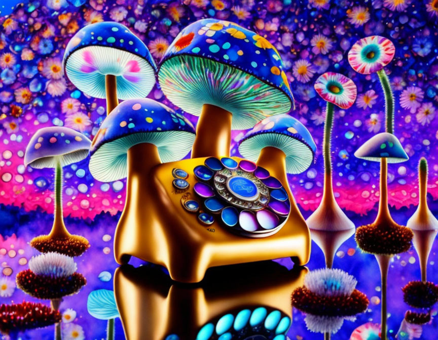 Colorful Psychedelic Art: Rotary Telephone Among Oversized Mushrooms