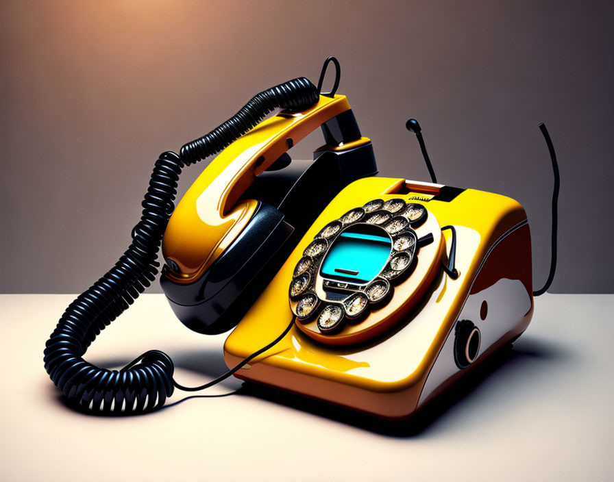 Vintage Black and Yellow Rotary Dial Telephones on Gradient Background