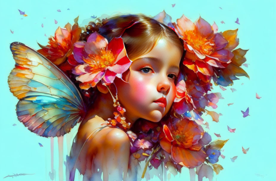 Young girl surrounded by colorful flowers and butterflies in serene painting