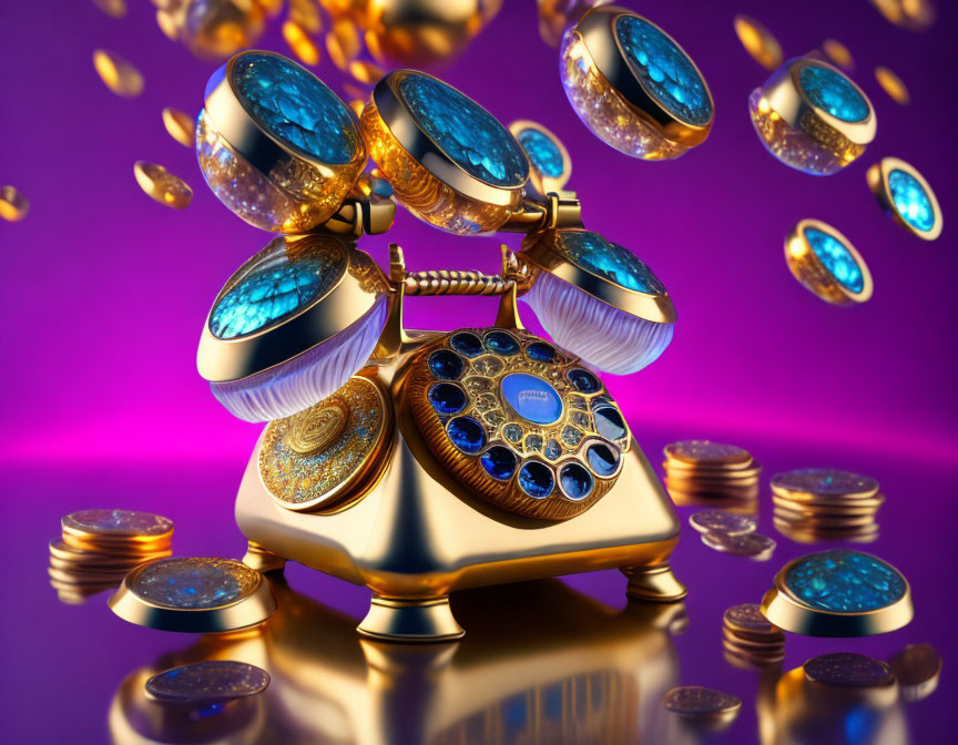 Vintage Golden Telephone with Blue Gem Embellishments and Gold Coins on Purple Background