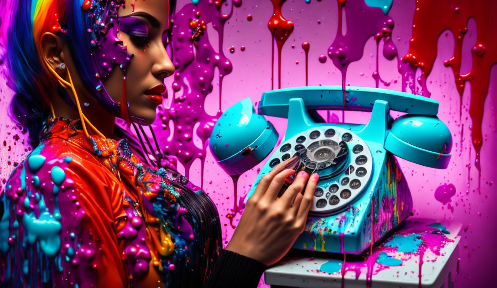 Colorful makeup woman with retro turquoise telephone in dynamic paint splash