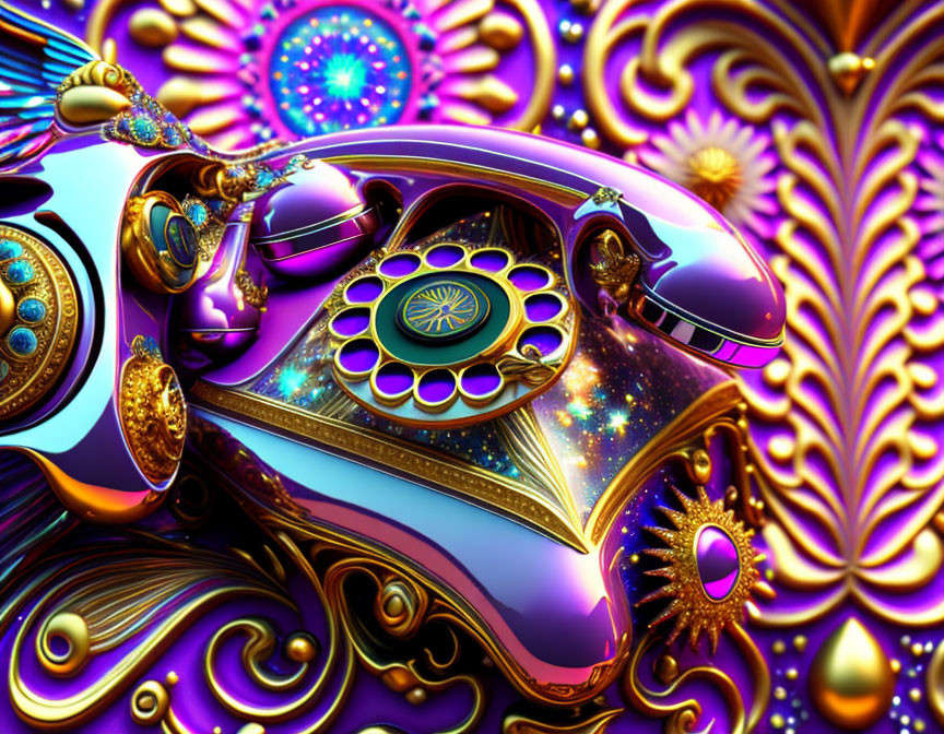 Colorful Psychedelic Retro Telephone Illustration with Cosmic Patterns