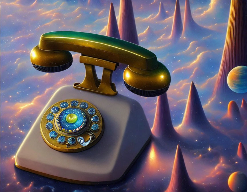 Vintage-style Telephone with Jeweled Rotary Dial on Surreal Cosmic Purple Mountain Backdrop
