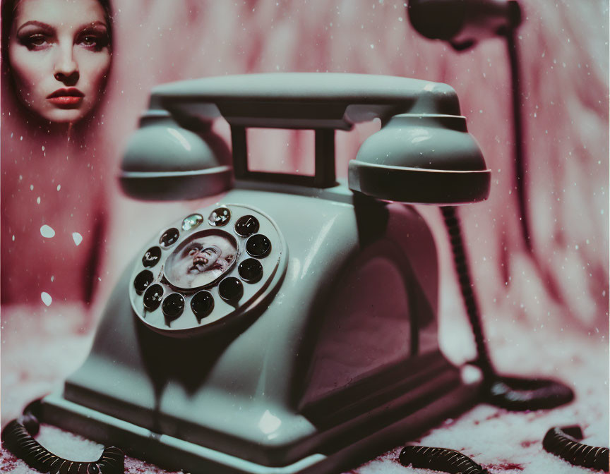 Vintage Telephone with Rotary Dial and Smiling Woman Photo on Blurry Background
