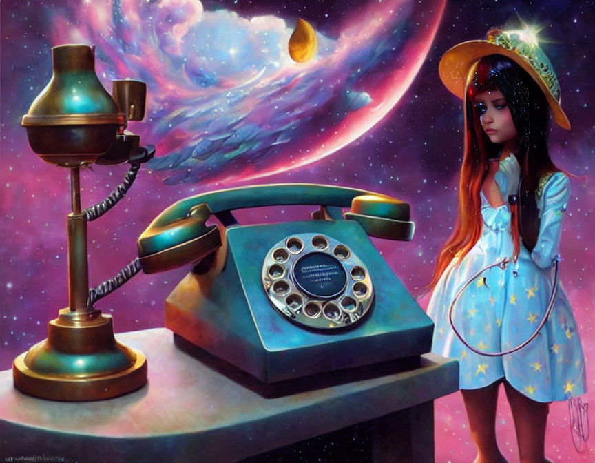 Surreal artwork of girl in blue dress with cosmic hat and vintage items in space-themed setting