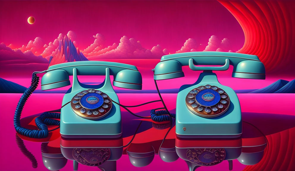 Vintage Rotary Phones Entangled in Surreal Pink Landscape