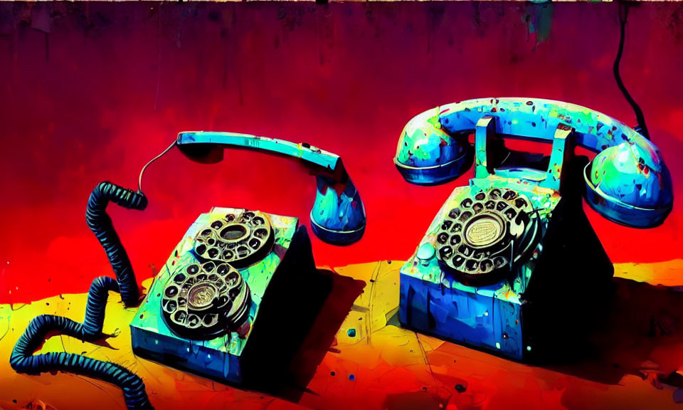 Colorful Vintage Rotary Phones Against Vibrant Red Background