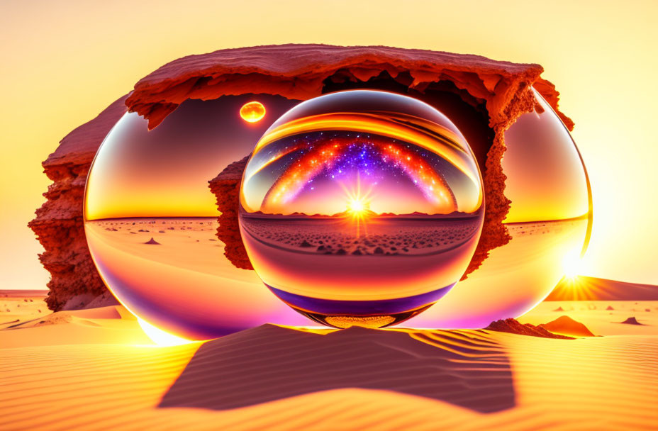 Sphere reflecting desert landscape at sunset with cosmic galaxy and sand dunes.
