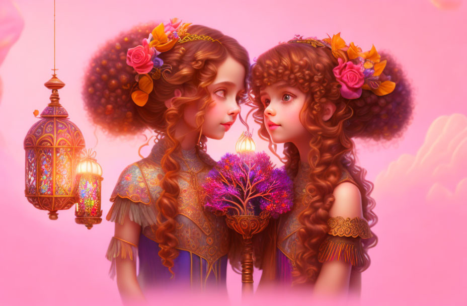 Stylized female figures with intricate hairstyles and floral adornments against dreamlike pink backdrop holding purple-fl