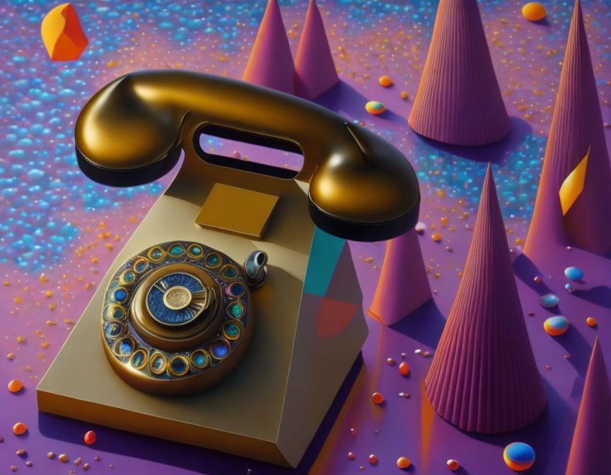 Vintage rotary phone with oversized receiver on colorful geometric background