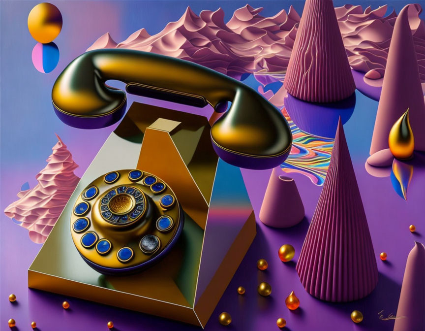 Surreal vintage telephone floating over abstract landscape