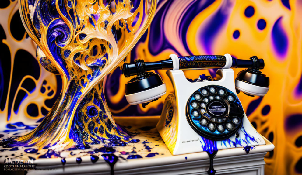 Vintage Rotary Phone with Blue and Yellow Paint Splash Design
