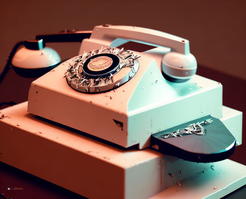 Retro telephone breaking apart in mid-air on dark backdrop