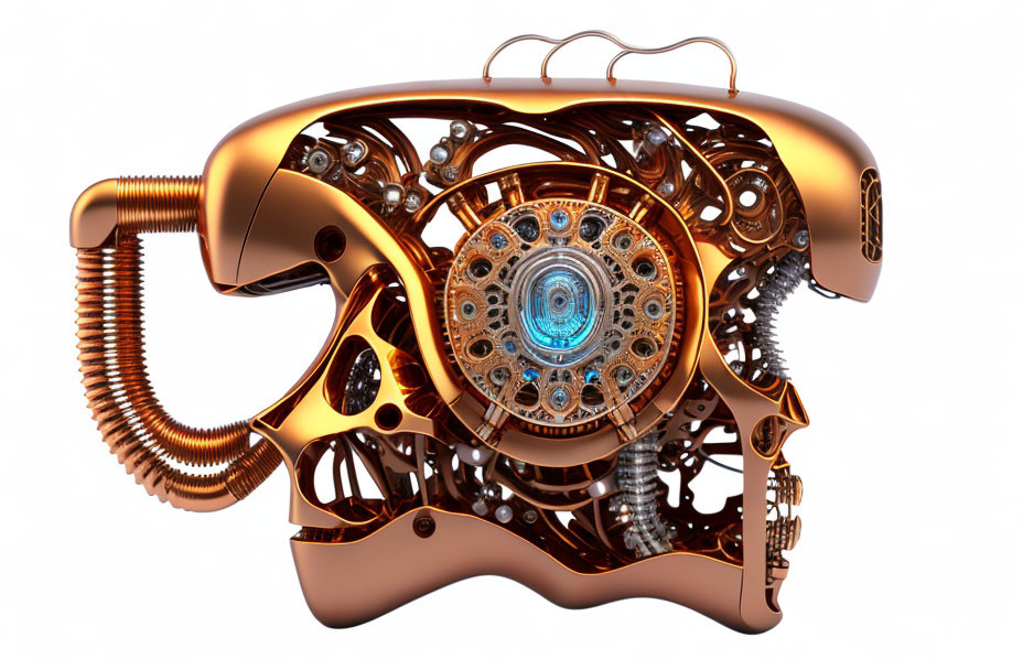 Detailed Steampunk Style Phone with Copper Gears and Blue Eye Design