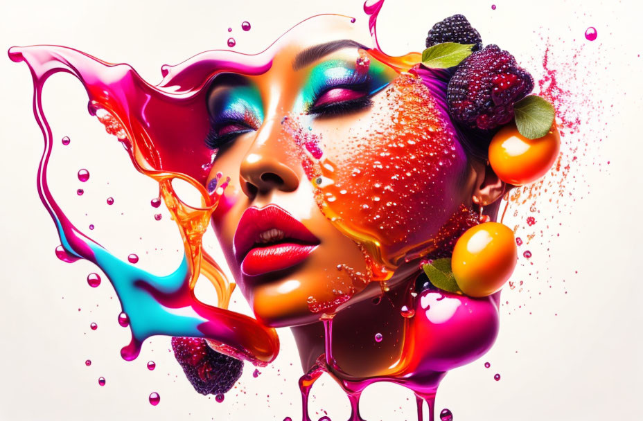 Vibrant paint splashes and fresh fruits around a woman's face