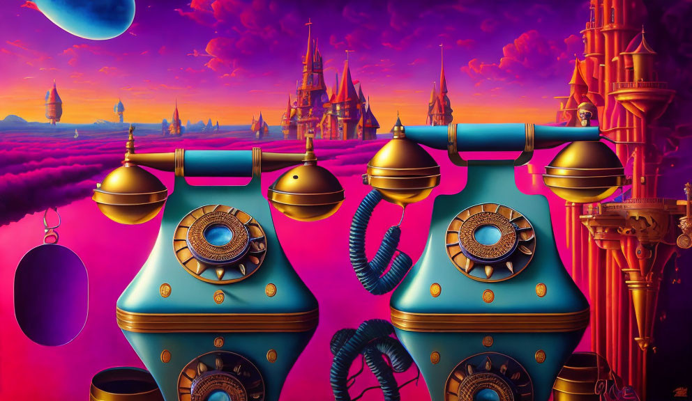 Whimsical surreal landscape with vintage-style phones and fantastical castles