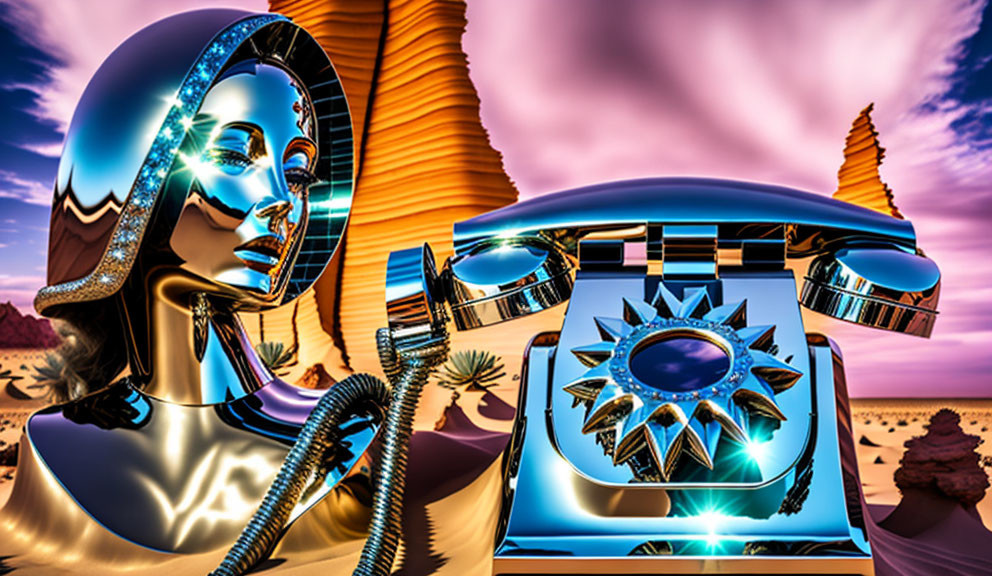 Metallic woman's head and vintage telephone in surreal desert scene
