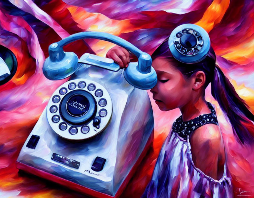 Vibrant painting of young girl with vintage phone receiver