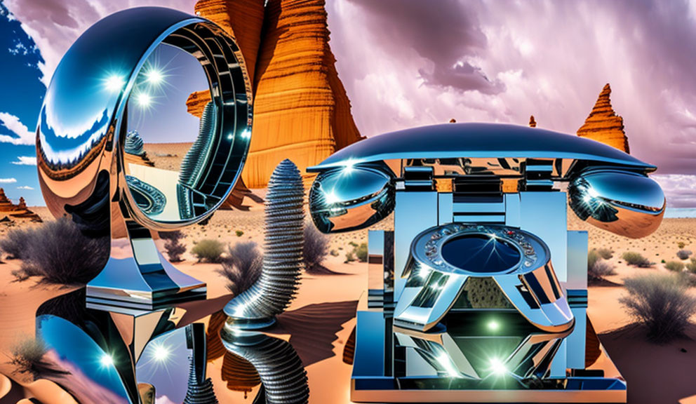 Futuristic metallic sculptures in surreal desert landscape