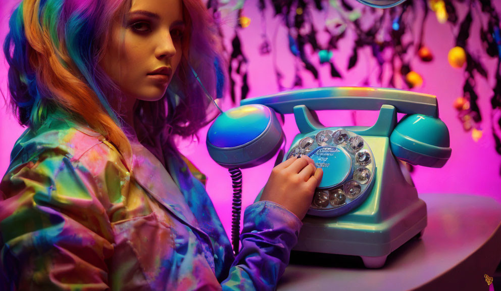 Colorful-Haired Person in Vibrant Room with Retro Telephone and Neon Lights