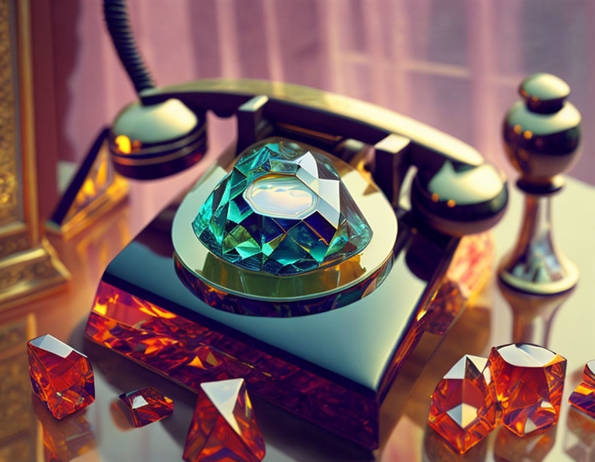 Colorful gemstone-adorned vintage-style telephone on reflective surface with scattered crystals against warm, soft