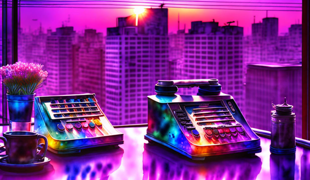 Colorful Vintage Telephone and Calculator on Desk with Cityscape Sunset Background