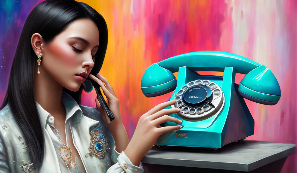 Sleek black hair woman with retro turquoise phone on abstract background