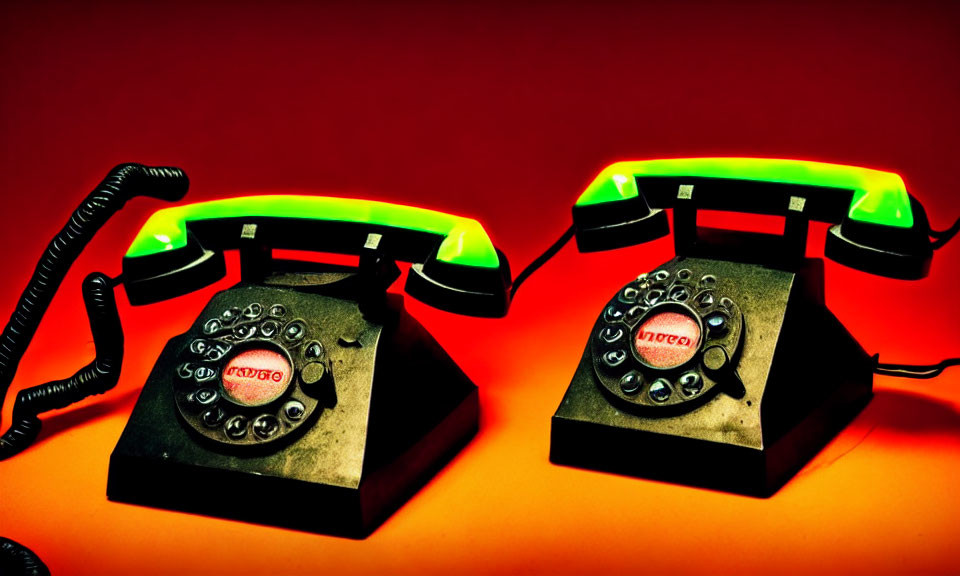 Vintage rotary dial telephones with glowing green handsets on red background.
