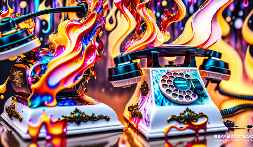 Vintage telephones in stylized flames on colorful abstract backdrop with mechanical elements