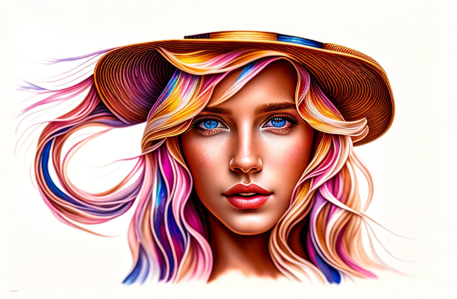 Multicolored hair woman with blue eyes in wide-brimmed hat