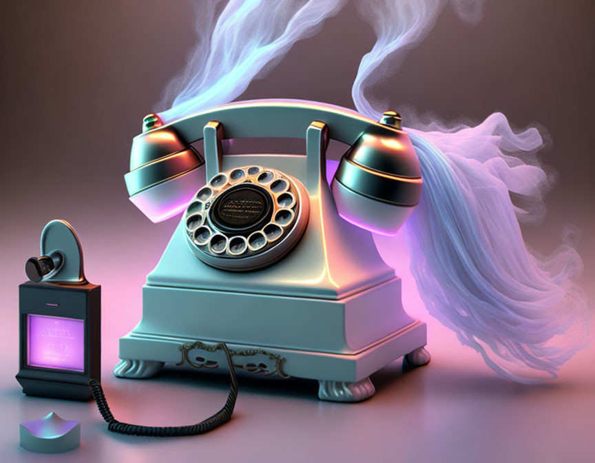 Vintage Style Telephone with Floating Receiver and Smoke Trail on Gradient Background