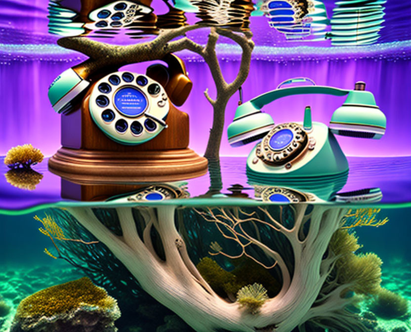 Vintage rotary telephones integrated into surreal underwater scene with vibrant marine life and corals.