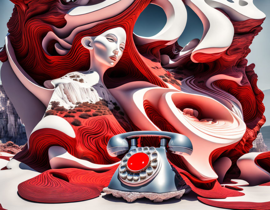 Surreal Woman's Face with Abstract Shapes and Antique Telephone on Rocky Landscape