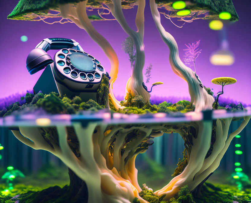 Surreal landscape with twisted trees, rotary phone, purple sky, lanterns, and inverted reflection