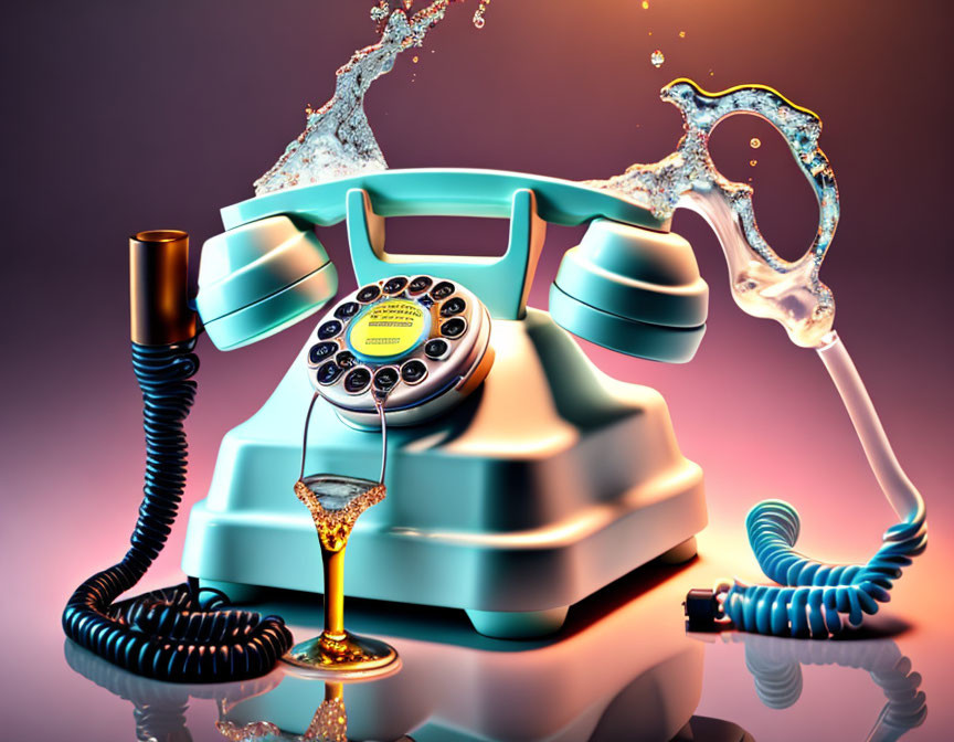 Vintage Turquoise Telephone Floating with Spiraling Cords on Water Splashes Gradient Background