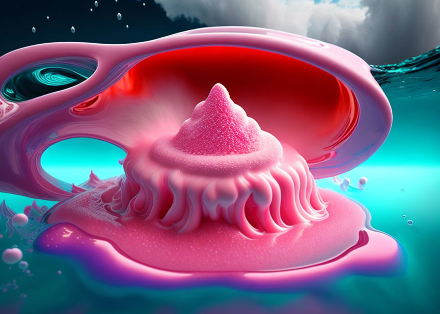 Pink shell-like structure oozing glossy substance on turquoise surface with stormy clouds