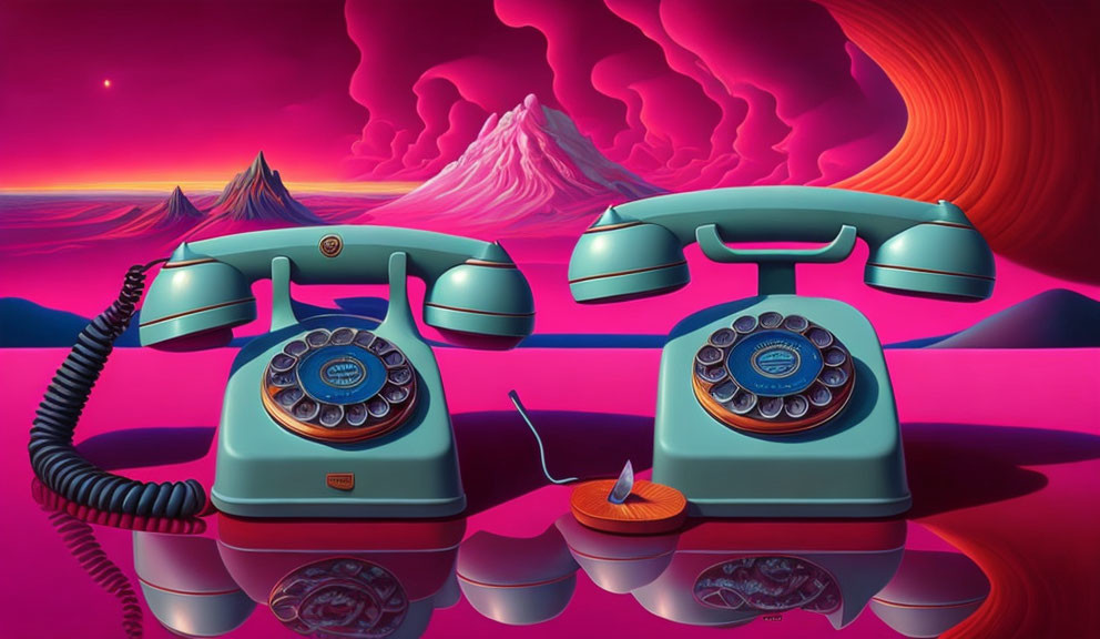 Vintage rotary dial telephones on reflective surface in surreal pink landscape