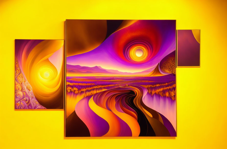 Colorful swirling patterns on canvases with flowing river in a purple and yellow imaginary landscape against bright yellow