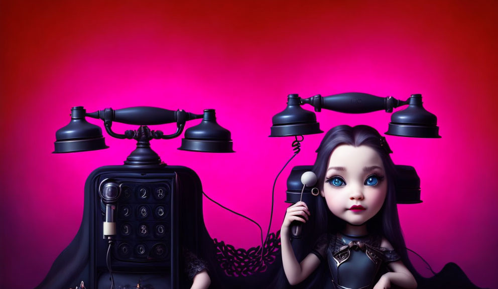 Animated girl with large eyes holding phone receiver surrounded by vintage telephones on magenta background