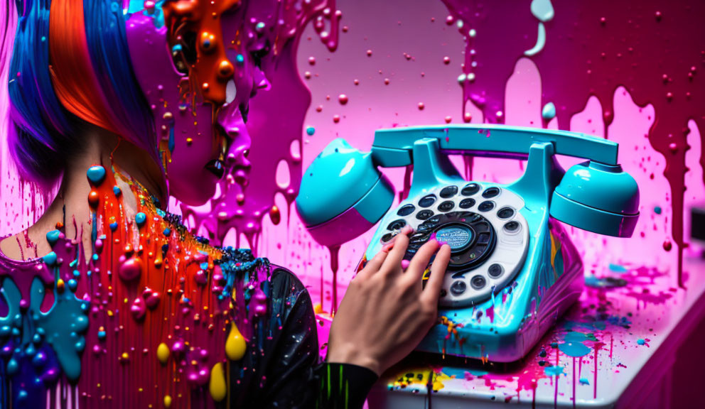 Colorful Paint Splatter Art: Woman with Retro Telephone in Vibrant Setting